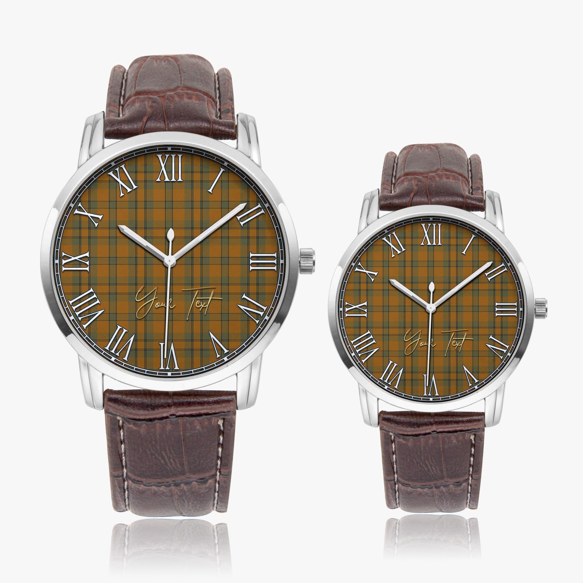 Donachie of Brockloch Ancient Hunting Tartan Personalized Your Text Leather Trap Quartz Watch Wide Type Silver Case With Brown Leather Strap - Tartanvibesclothing