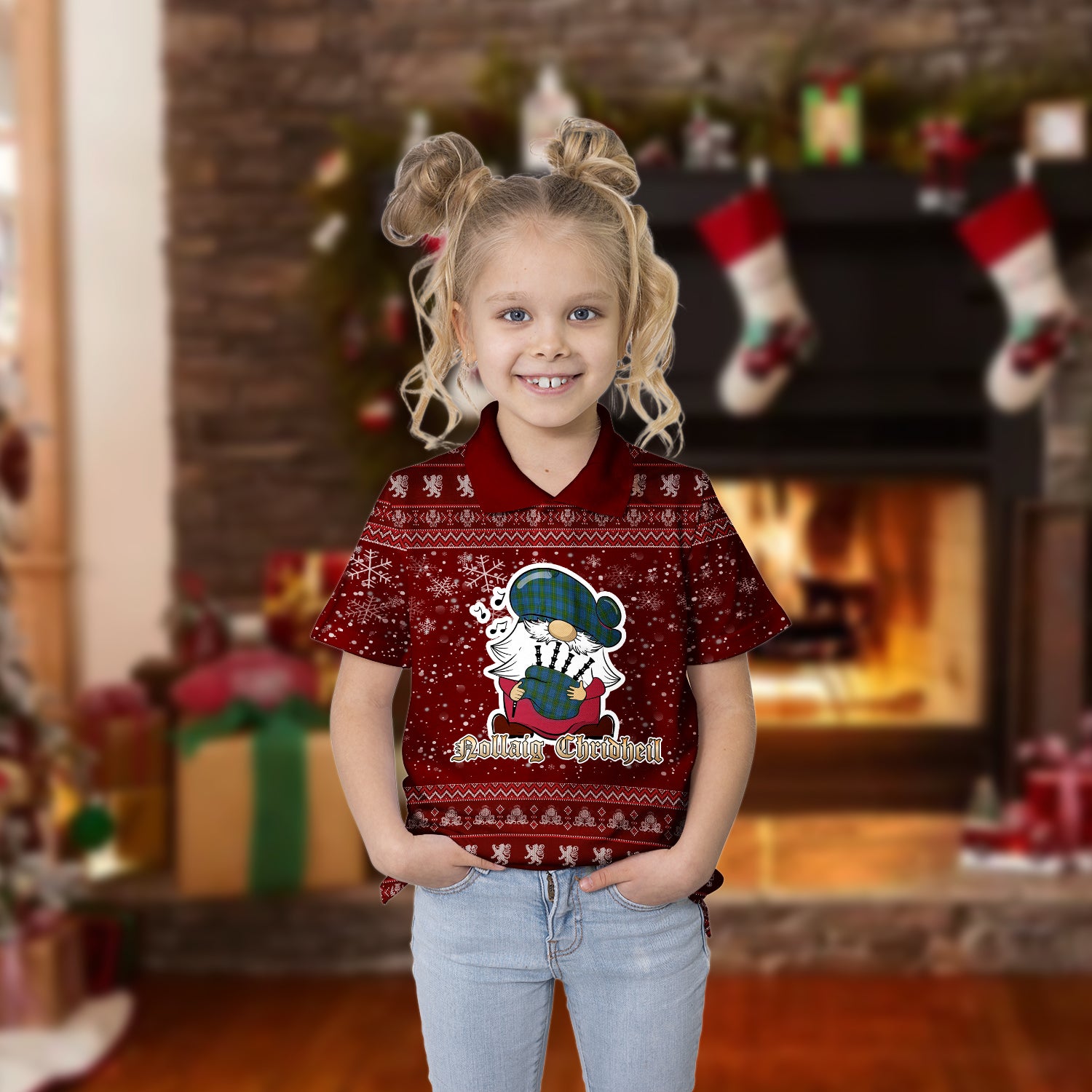 Donegal County Ireland Clan Christmas Family Polo Shirt with Funny Gnome Playing Bagpipes Kid's Polo Shirt Red - Tartanvibesclothing