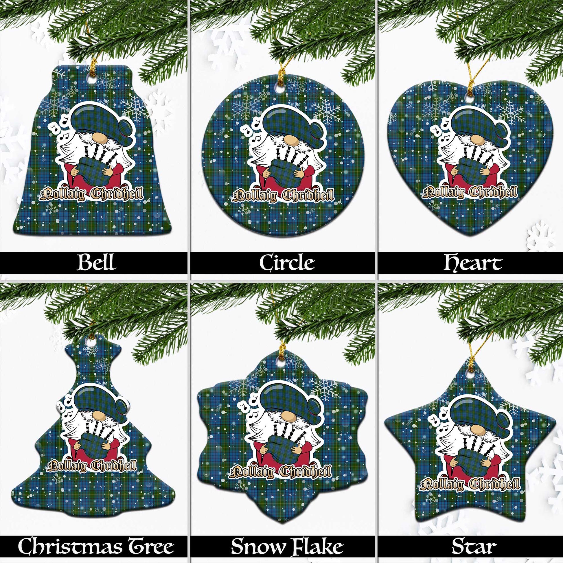 Donegal County Ireland Tartan Christmas Ornaments with Scottish Gnome Playing Bagpipes Ceramic - Tartanvibesclothing