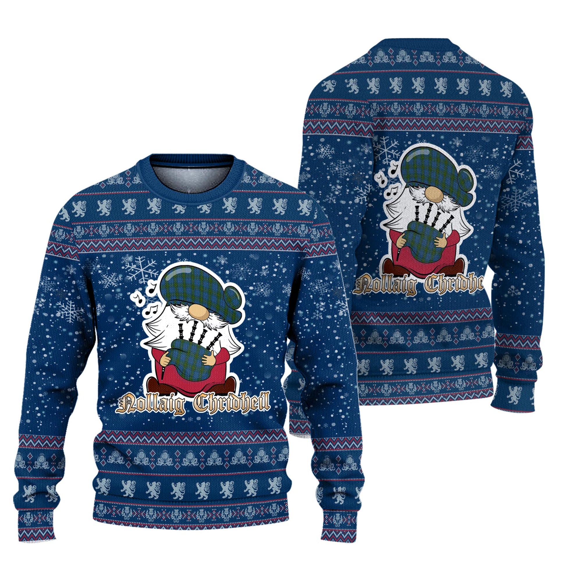 Donegal County Ireland Clan Christmas Family Knitted Sweater with Funny Gnome Playing Bagpipes Unisex Blue - Tartanvibesclothing