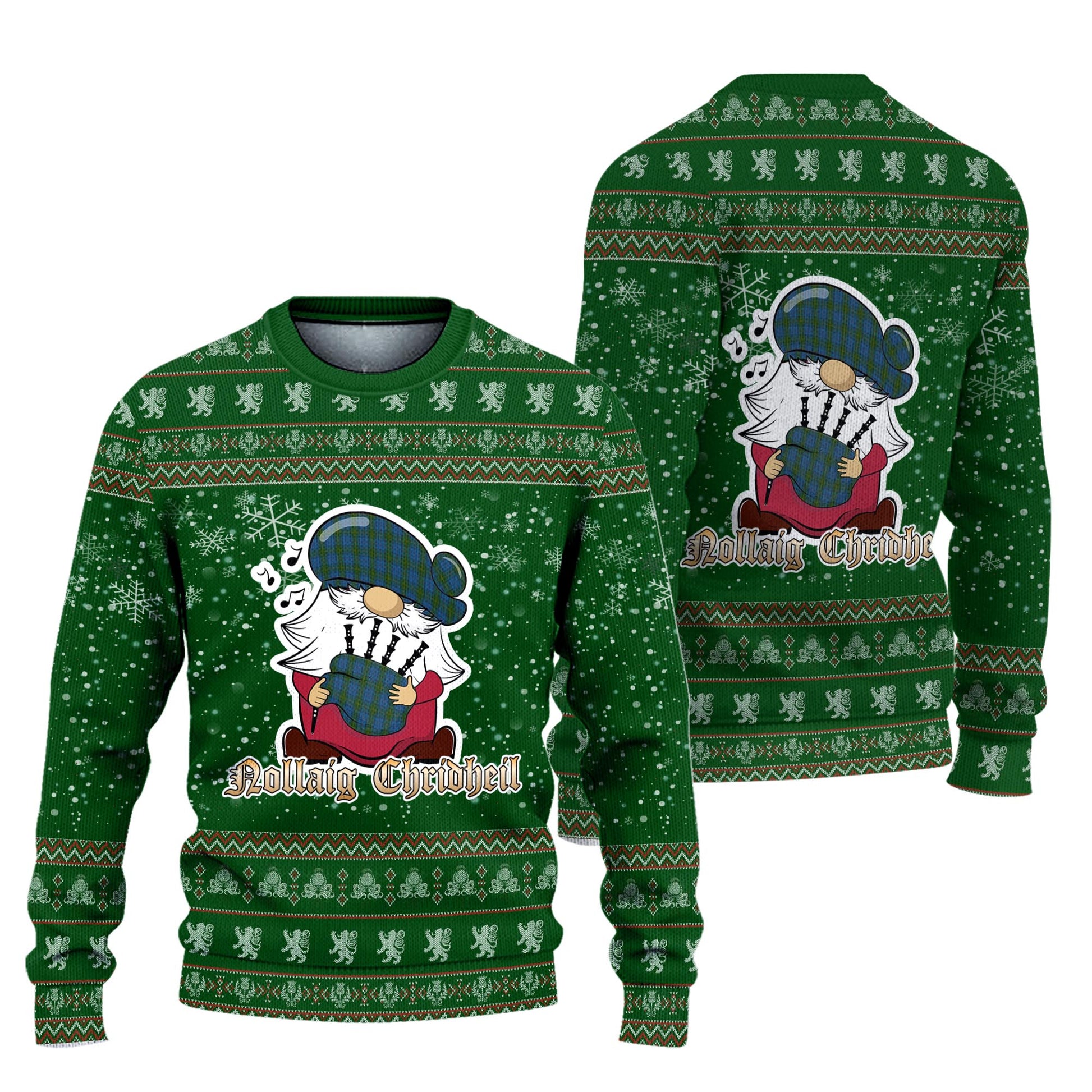 Donegal County Ireland Clan Christmas Family Knitted Sweater with Funny Gnome Playing Bagpipes Unisex Green - Tartanvibesclothing