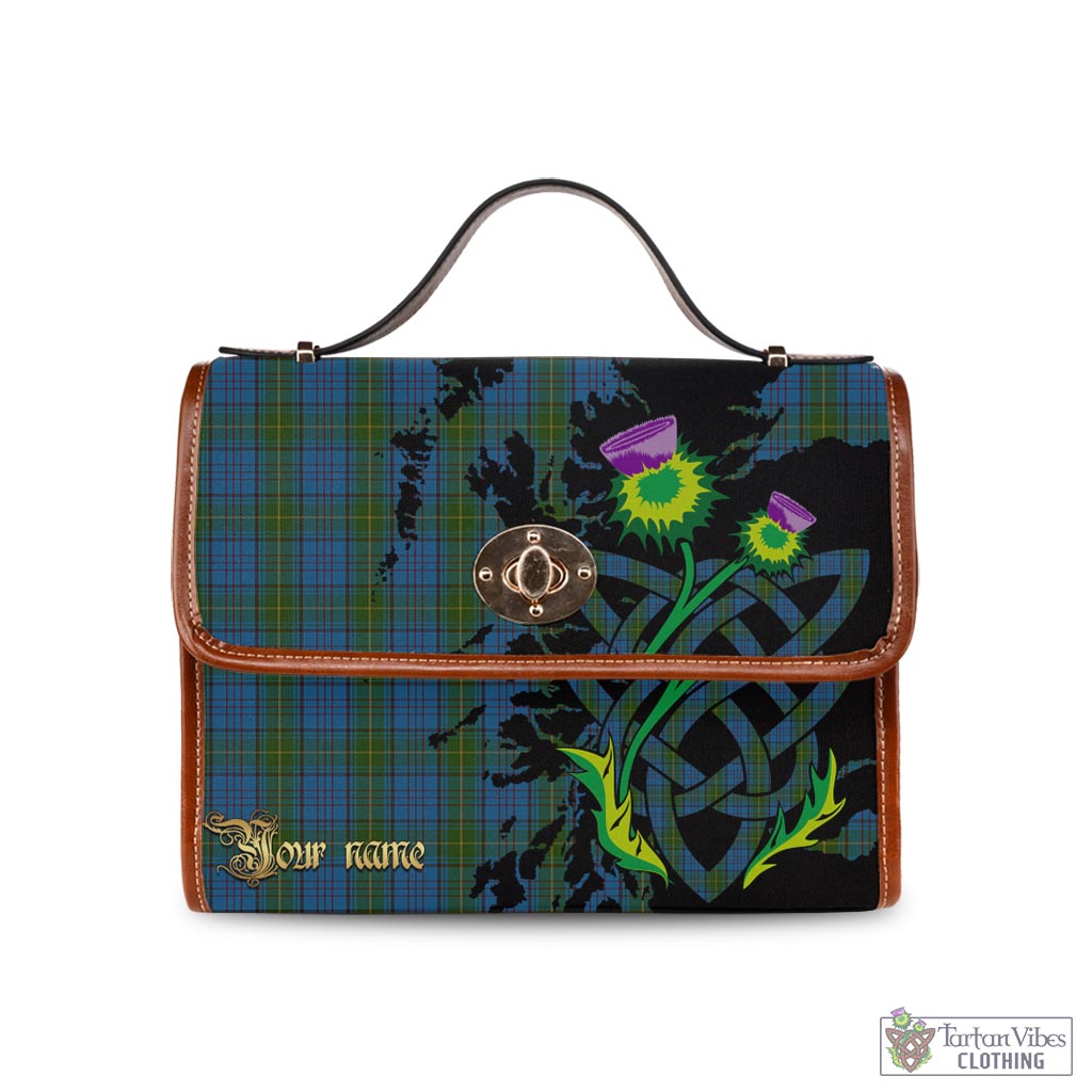 Tartan Vibes Clothing Donegal County Ireland Tartan Waterproof Canvas Bag with Scotland Map and Thistle Celtic Accents