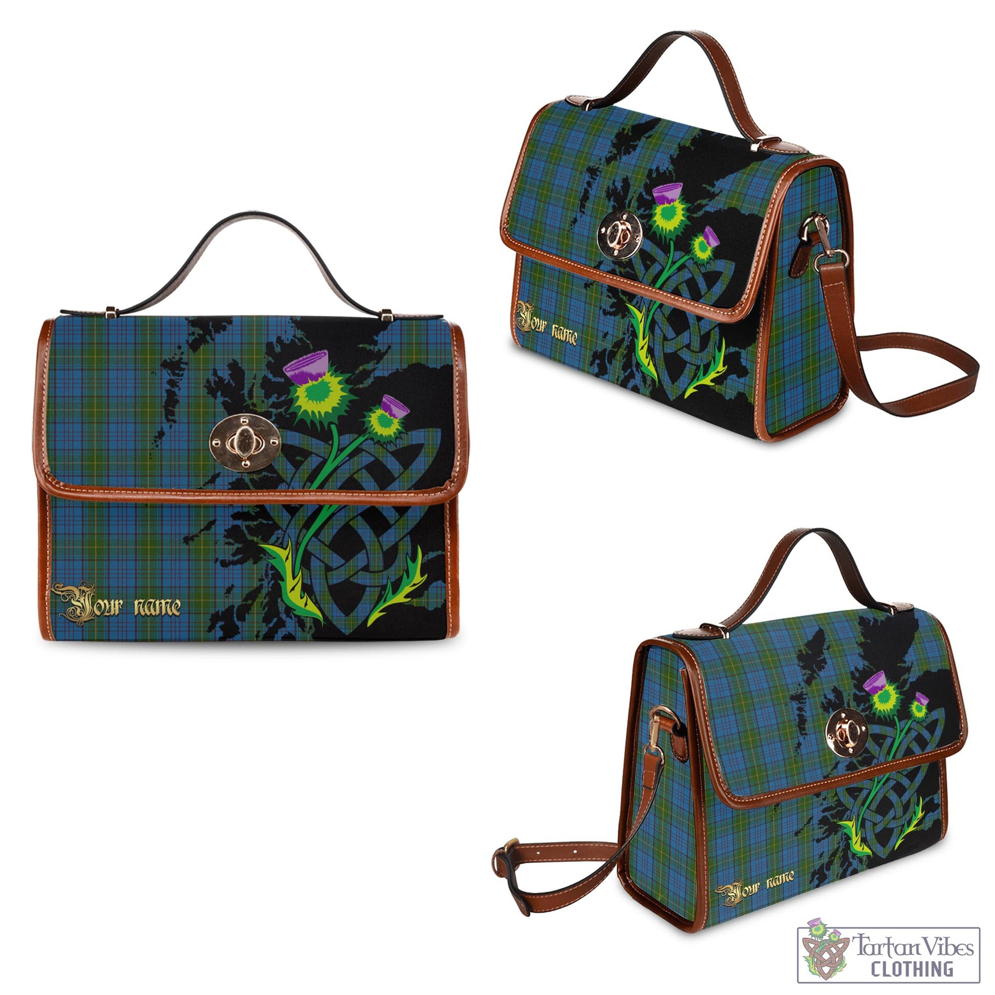 Tartan Vibes Clothing Donegal County Ireland Tartan Waterproof Canvas Bag with Scotland Map and Thistle Celtic Accents