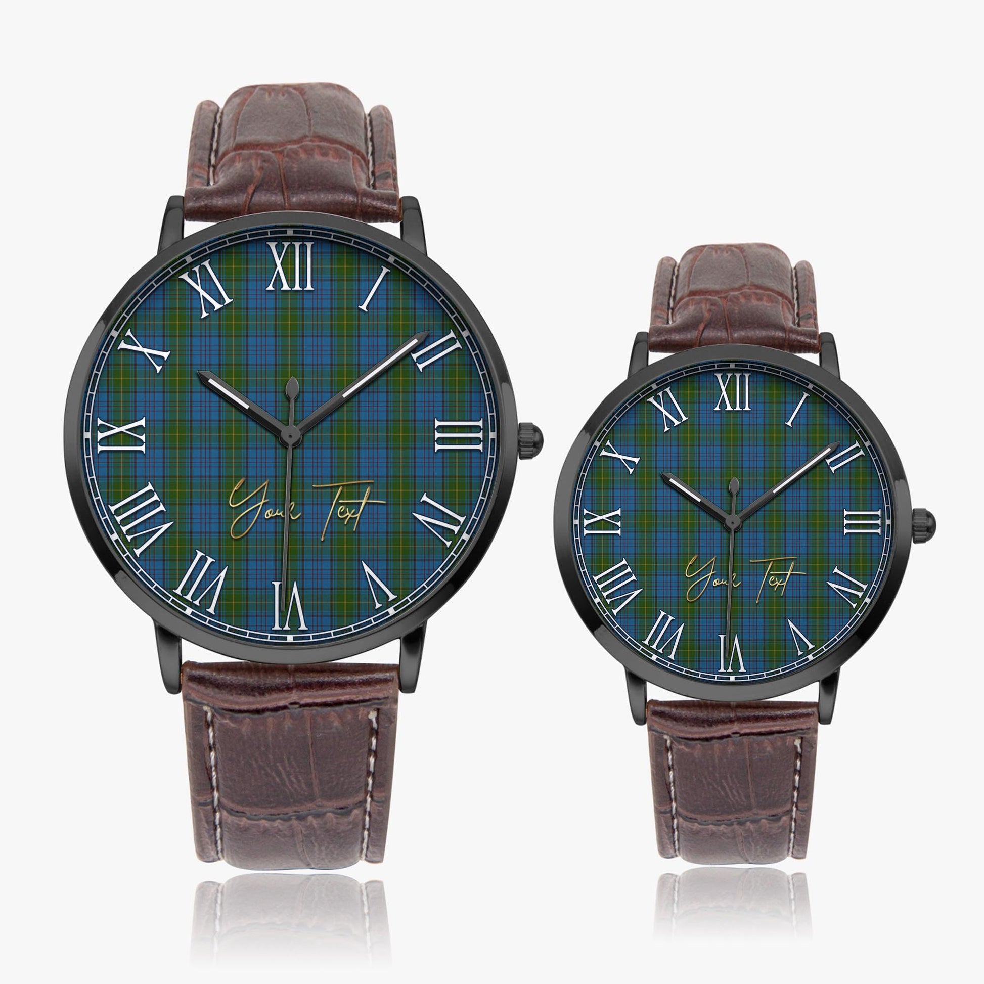 Donegal County Ireland Tartan Personalized Your Text Leather Trap Quartz Watch Ultra Thin Black Case With Brown Leather Strap - Tartanvibesclothing