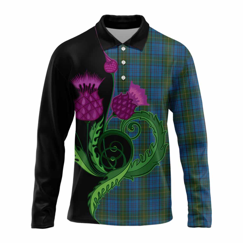 Donegal County Ireland Tartan Long Sleeve Polo Shirt Traditional Scottish Thistle