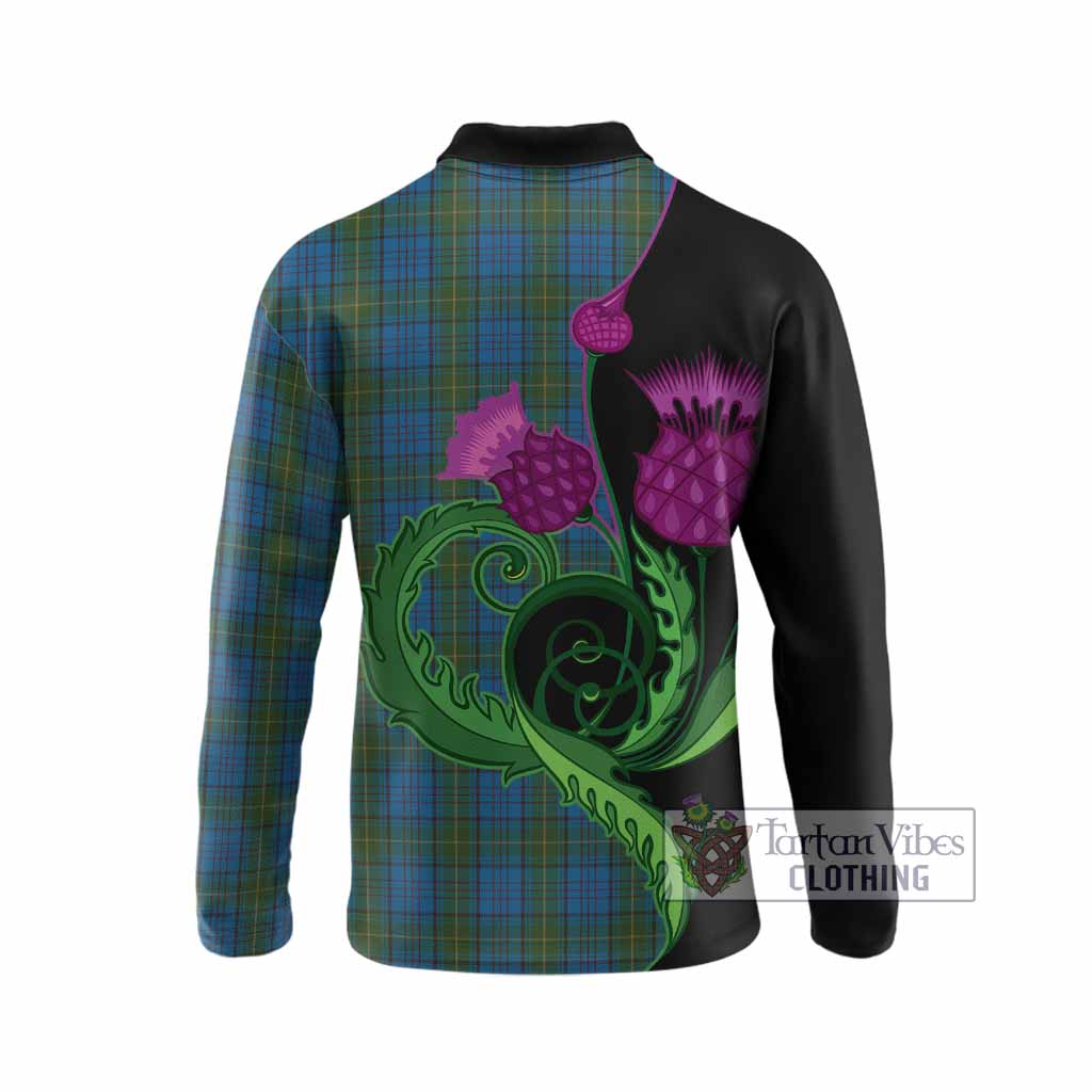 Donegal County Ireland Tartan Long Sleeve Polo Shirt Traditional Scottish Thistle