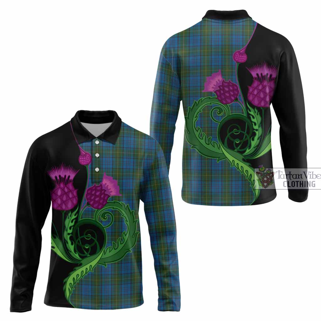 Donegal County Ireland Tartan Long Sleeve Polo Shirt Traditional Scottish Thistle