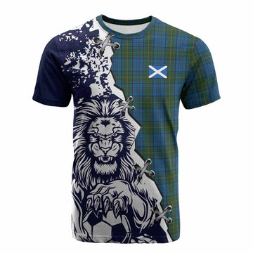 Donegal County Ireland Tartan Scottish Cotton T-shirt Angry Lion With Soccer Ball Style