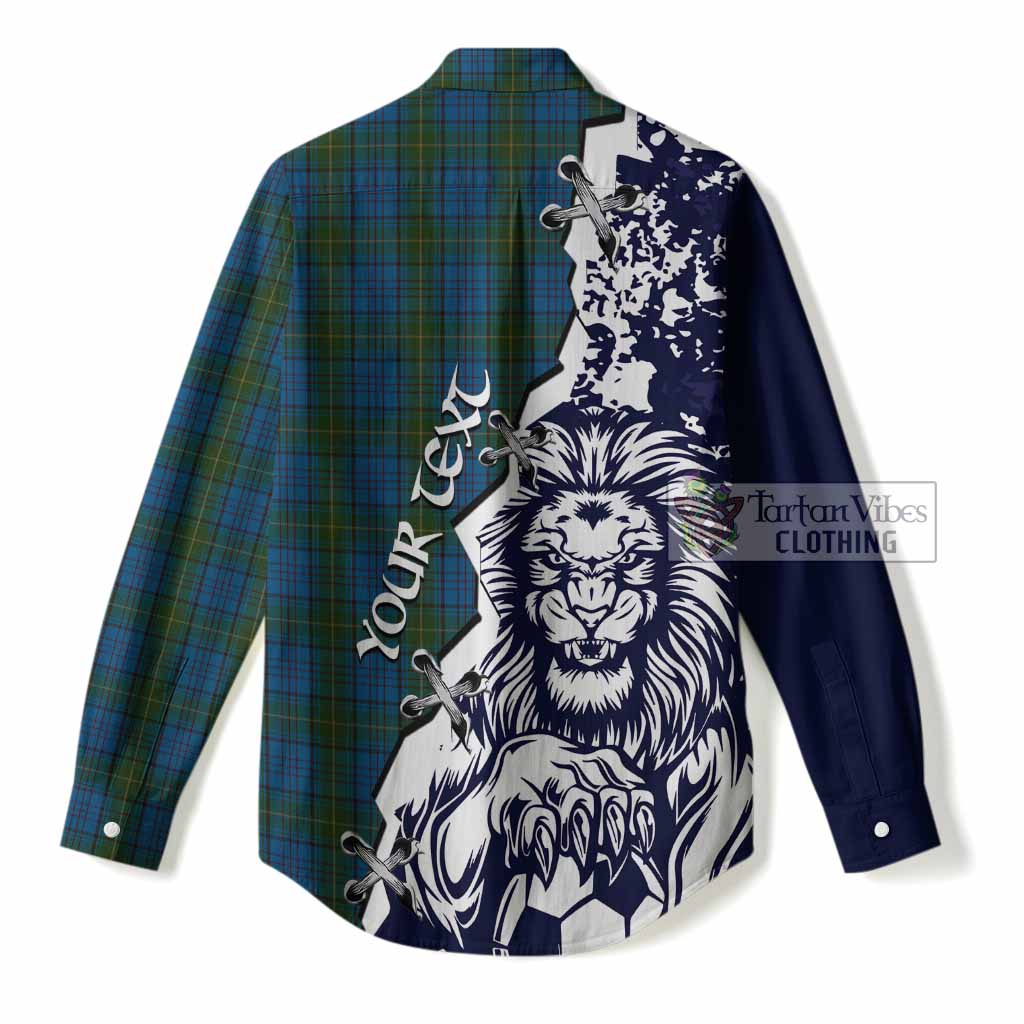 Donegal Tartan Scottish Women Casual Shirt Angry Lion With Soccer Ball Style