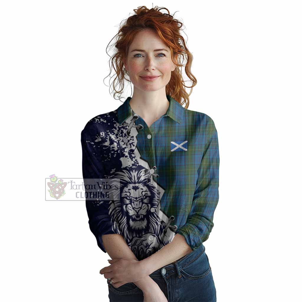 Donegal Tartan Scottish Women Casual Shirt Angry Lion With Soccer Ball Style
