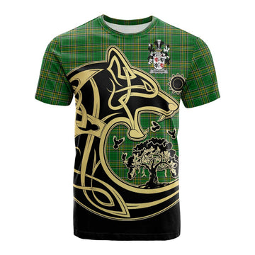 Donegan Irish Tartan Cotton T-shirt with Coat of Arms Celtic Wolf Style