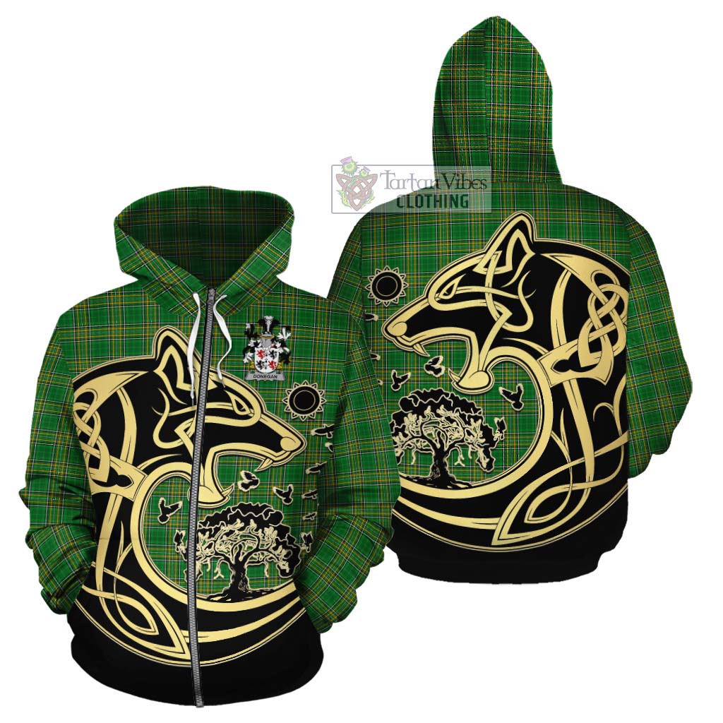 Tartan Vibes Clothing Donegan Irish Tartan Cotton Hoodie with Coat of Arms Celtic Wolf Style