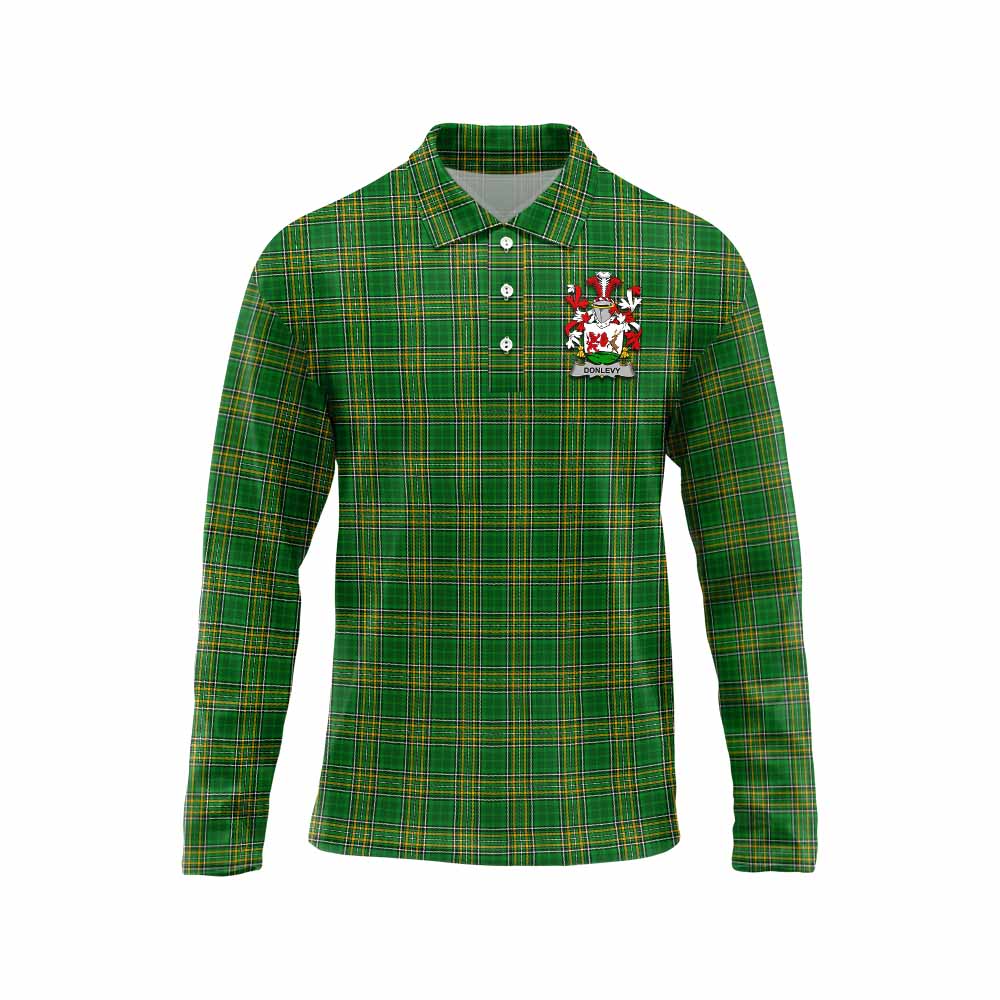 Tartan Vibes Clothing Donlevy Irish Clan Tartan Long Sleeve Polo Shirt with Coat of Arms