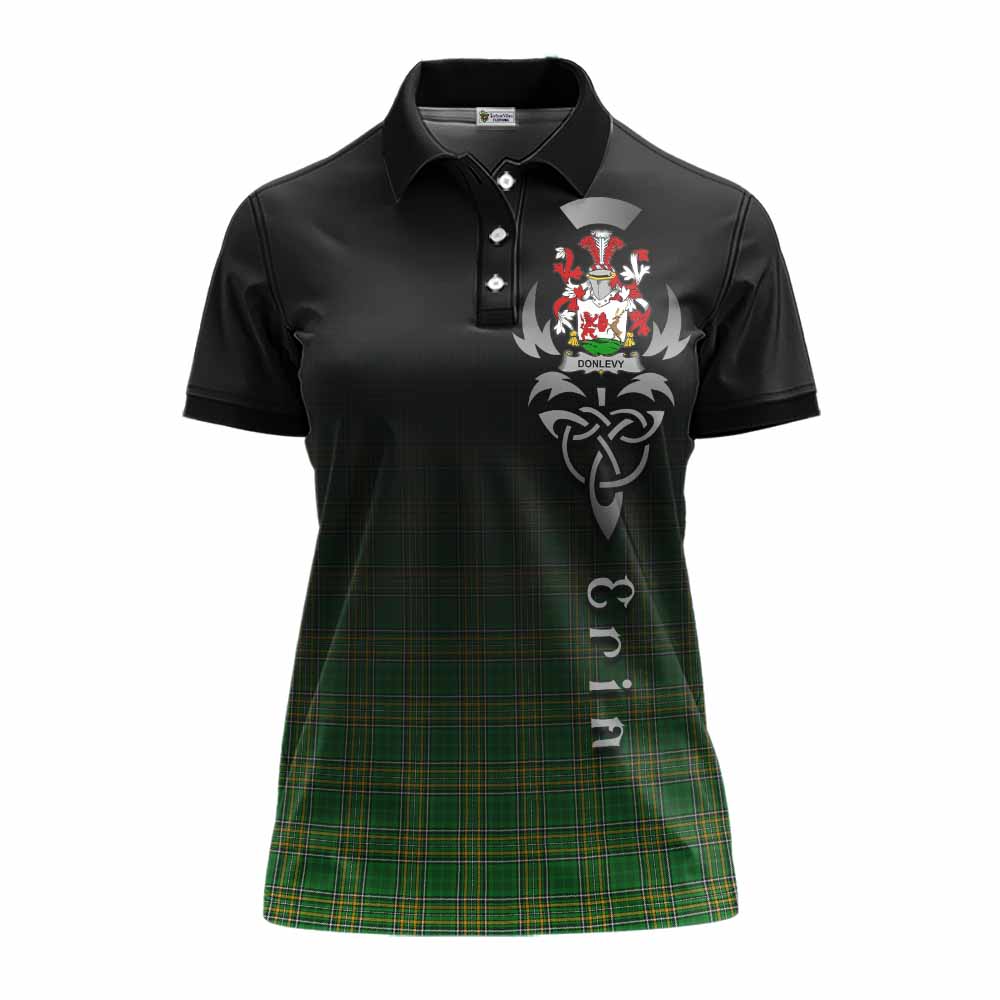 Tartan Vibes Clothing Donlevy Irish Clan Women's Polo Shirt with Coat of Arms Erin Go Bragh Celtic Inspired