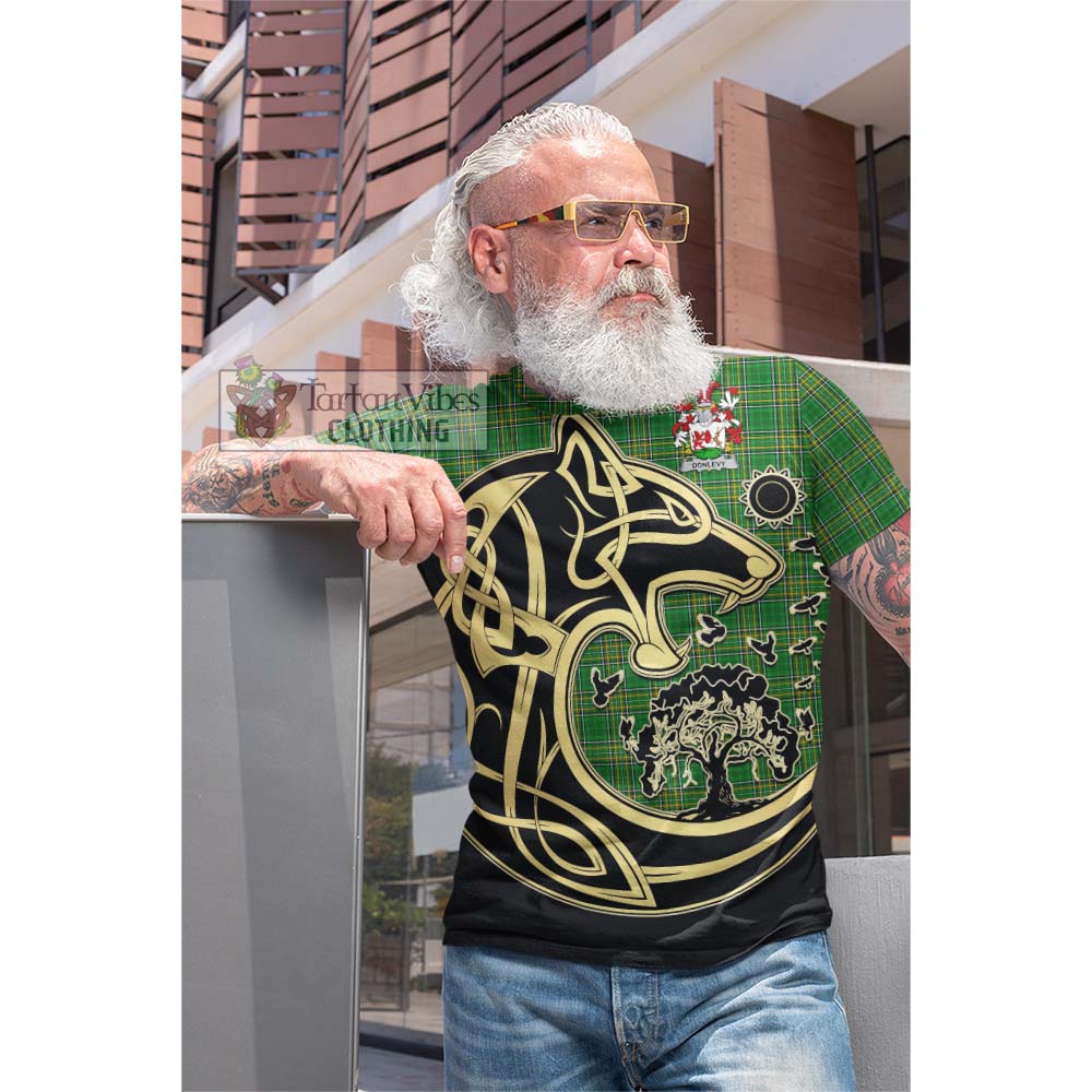 Tartan Vibes Clothing Donlevy Irish Tartan Cotton T-shirt with Coat of Arms Celtic Wolf Style