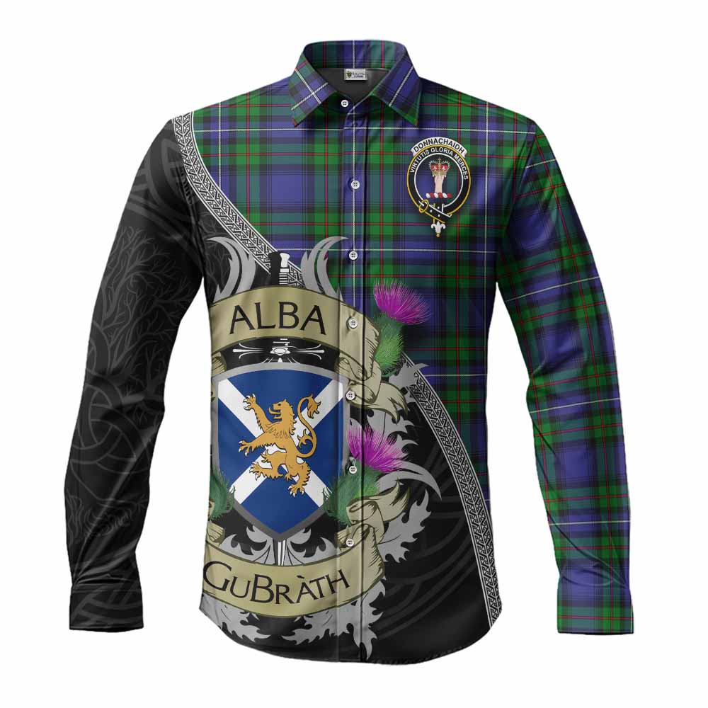 Tartan Vibes Clothing Donnachaidh Tartan Family Crest Long Sleeve Button Shirt Lion Rampant Royal Thistle Shield Celtic Inspired