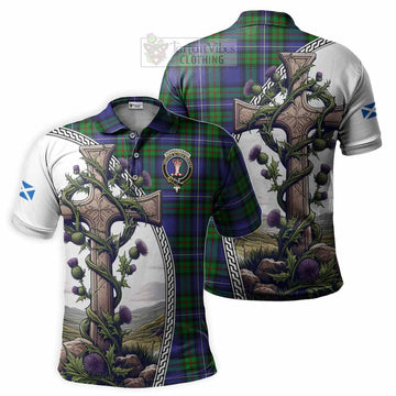Donnachaidh Tartan Polo Shirt with Family Crest and St. Andrew's Cross Accented by Thistle Vines