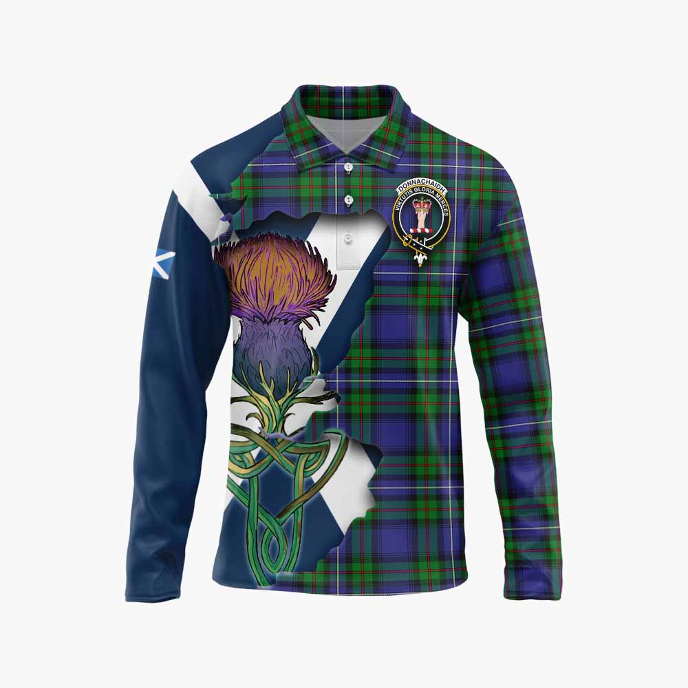 Tartan Vibes Clothing Donnachaidh Tartan Family Crest Long Sleeve Polo Shirt Scottish Thistle Celtic Inspired