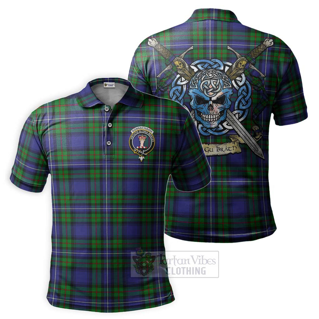 Tartan Vibes Clothing Donnachaidh Tartan Polo Shirt with Family Crest Celtic Skull Style