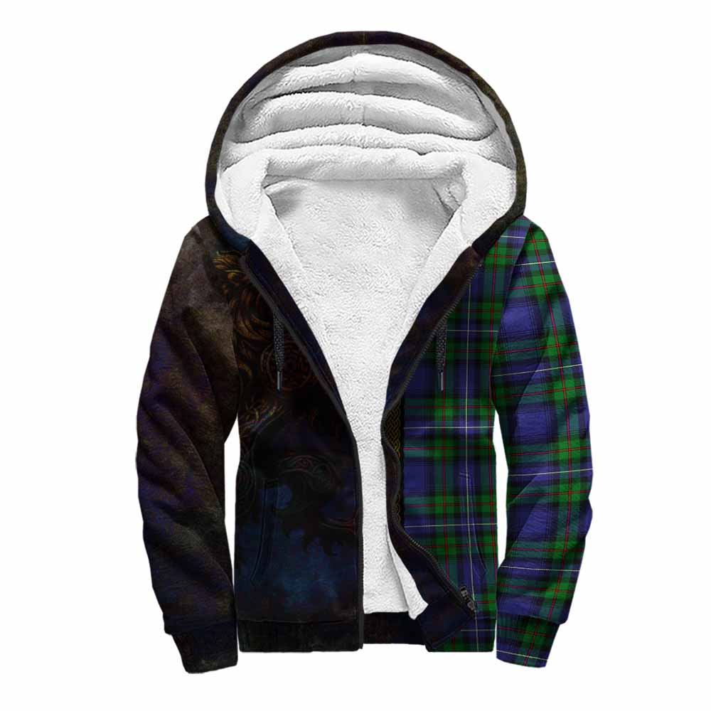 Tartan Vibes Clothing Donnachaidh Tartan Family Crest Sherpa Hoodie Alba Gu Brath Be Brave Lion Ancient Style