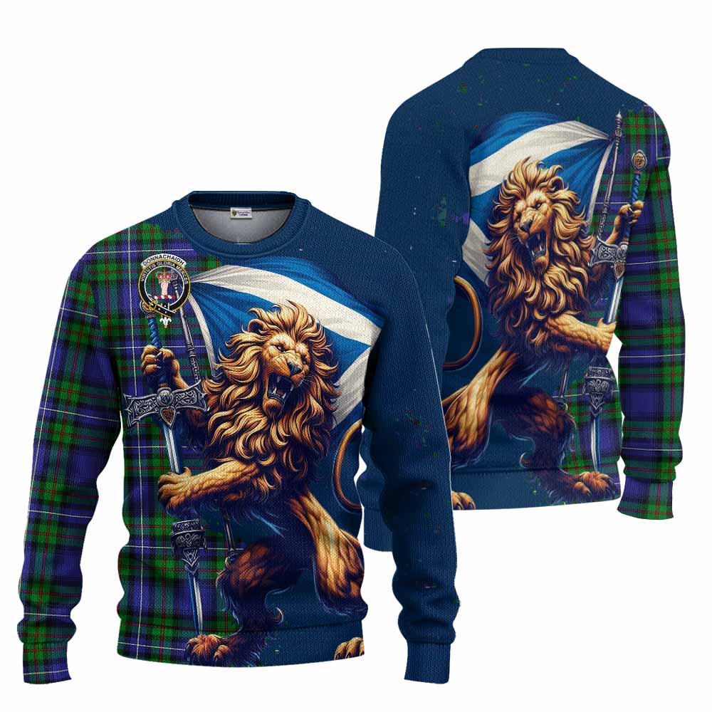 Tartan Vibes Clothing Donnachaidh Tartan Family Crest Knitted Sweater with Scottish Majestic Lion