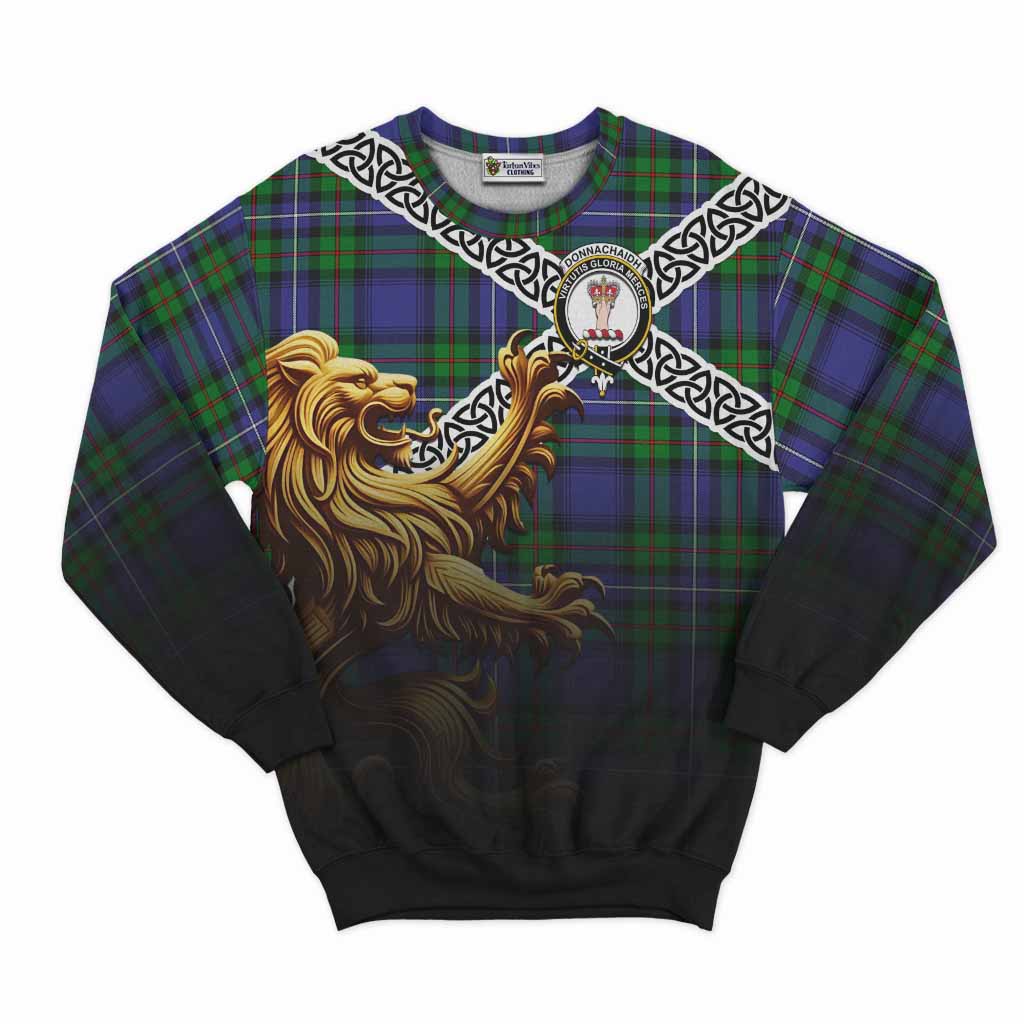Tartan Vibes Clothing Donnachaidh Crest Tartan Sweatshirt with Golden Lion Emblem Celtic Style