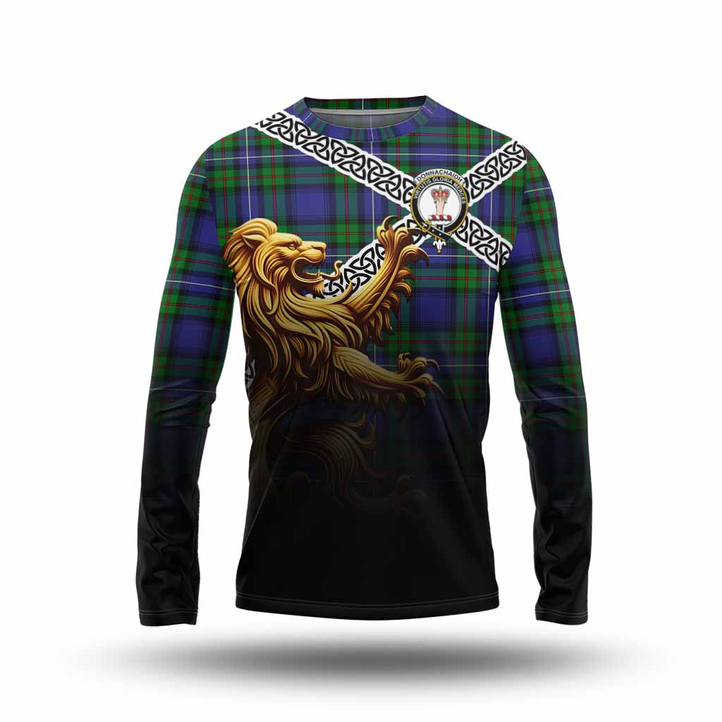 Tartan Vibes Clothing Donnachaidh Crest Tartan Long Sleeve T-Shirt with Golden Lion Emblem Celtic Style