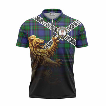 Donnachaidh Crest Tartan Zipper Polo Shirt with Golden Lion Emblem Celtic Style