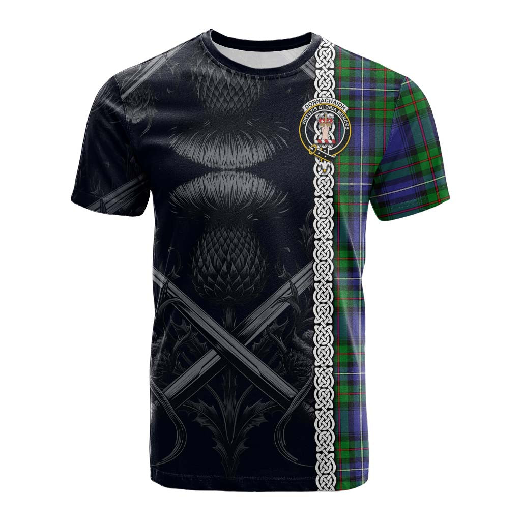 Tartan Vibes Clothing Donnachaidh Tartan Cotton T-shirt with Family Crest Cross Sword Thistle Celtic Vibes