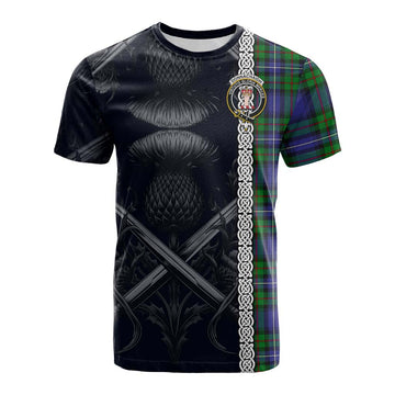 Tartan Vibes Clothing Donnachaidh Tartan Cotton T-shirt with Family Crest Cross Sword Thistle Celtic Vibes
