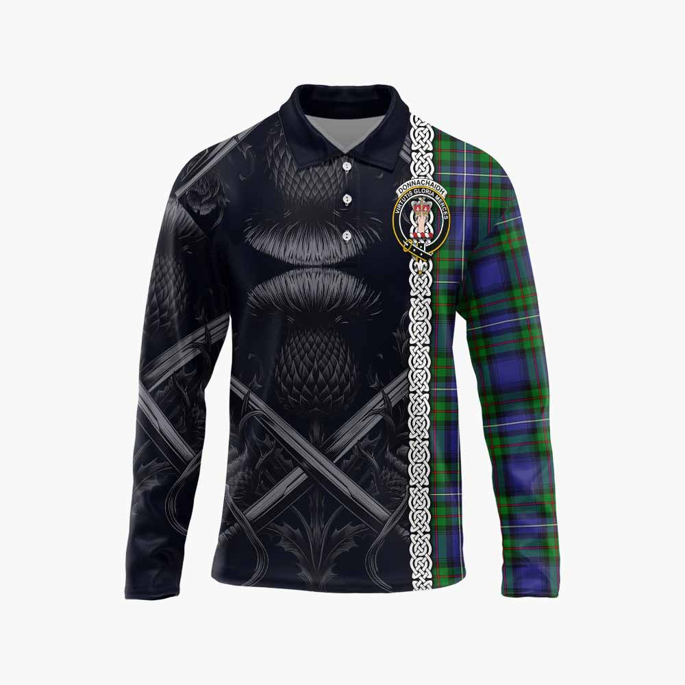 Tartan Vibes Clothing Donnachaidh Tartan Long Sleeve Polo Shirt with Family Crest Cross Sword Thistle Celtic Vibes
