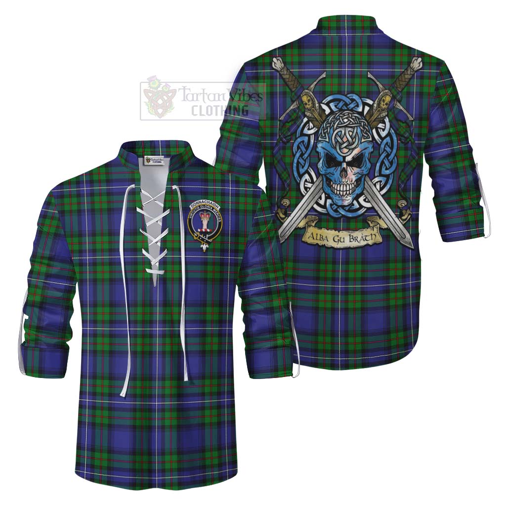 Tartan Vibes Clothing Donnachaidh Tartan Ghillie Kilt Shirt with Family Crest Celtic Skull Style