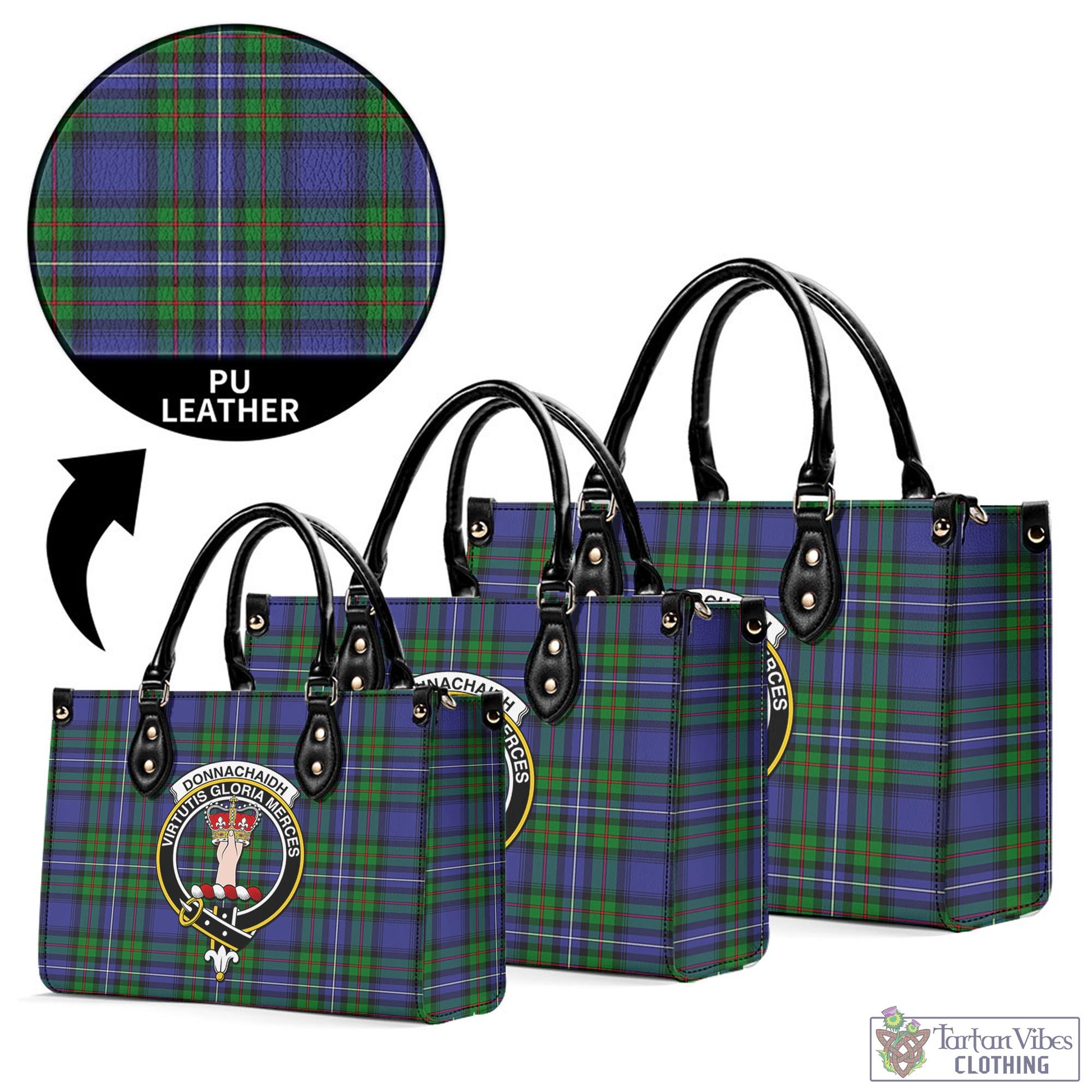 Tartan Vibes Clothing Donnachaidh Tartan Luxury Leather Handbags with Family Crest