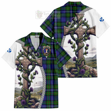 Donnachaidh Tartan Hawaiian Shirt with Family Crest and St. Andrew's Cross Accented by Thistle Vines
