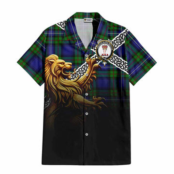 Donnachaidh Crest Tartan Hawaiian Shirt with Golden Lion Emblem Celtic Style