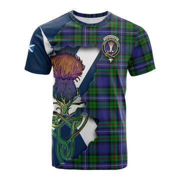 Tartan Vibes Clothing Donnachaidh Tartan Family Crest Cotton T-shirt Scottish Thistle Celtic Inspired