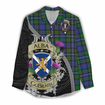 Tartan Vibes Clothing Donnachaidh Tartan Family Crest Women's Casual Shirt Lion Rampant Royal Thistle Shield Celtic Inspired