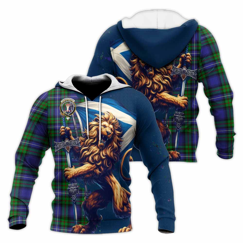 Tartan Vibes Clothing Donnachaidh Tartan Family Crest Knitted Hoodie with Scottish Majestic Lion