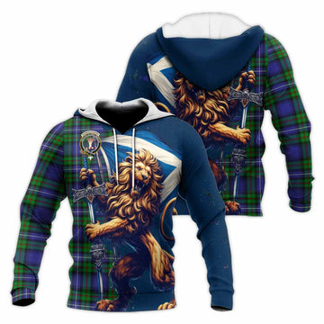 Donnachaidh Tartan Family Crest Knitted Hoodie with Scottish Majestic Lion