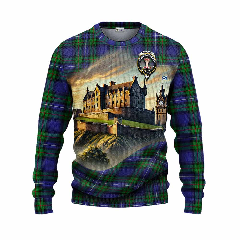Tartan Vibes Clothing Donnachaidh Tartan Family Crest Knitted Sweater with Scottish Ancient Castle Style