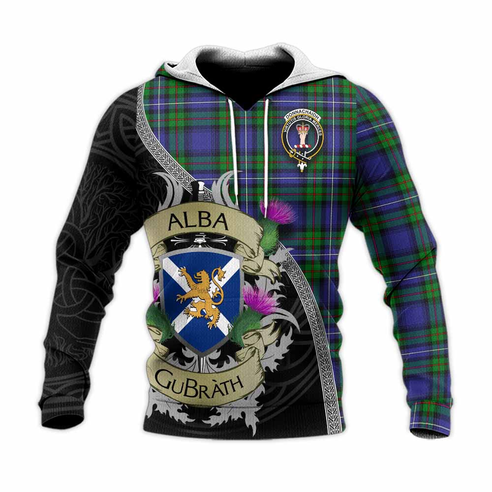 Tartan Vibes Clothing Donnachaidh Tartan Family Crest Knitted Hoodie Lion Rampant Royal Thistle Shield Celtic Inspired