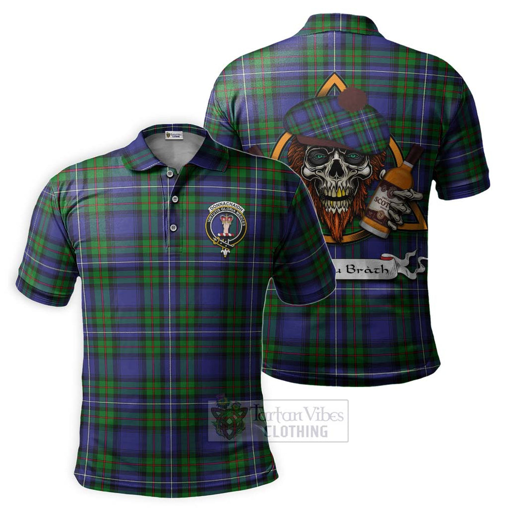 Tartan Vibes Clothing Donnachaidh Tartan Polo Shirt with Family Crest and Bearded Skull Holding Bottles of Whiskey