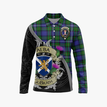Donnachaidh Tartan Family Crest Long Sleeve Polo Shirt Lion Rampant Royal Thistle Shield Celtic Inspired