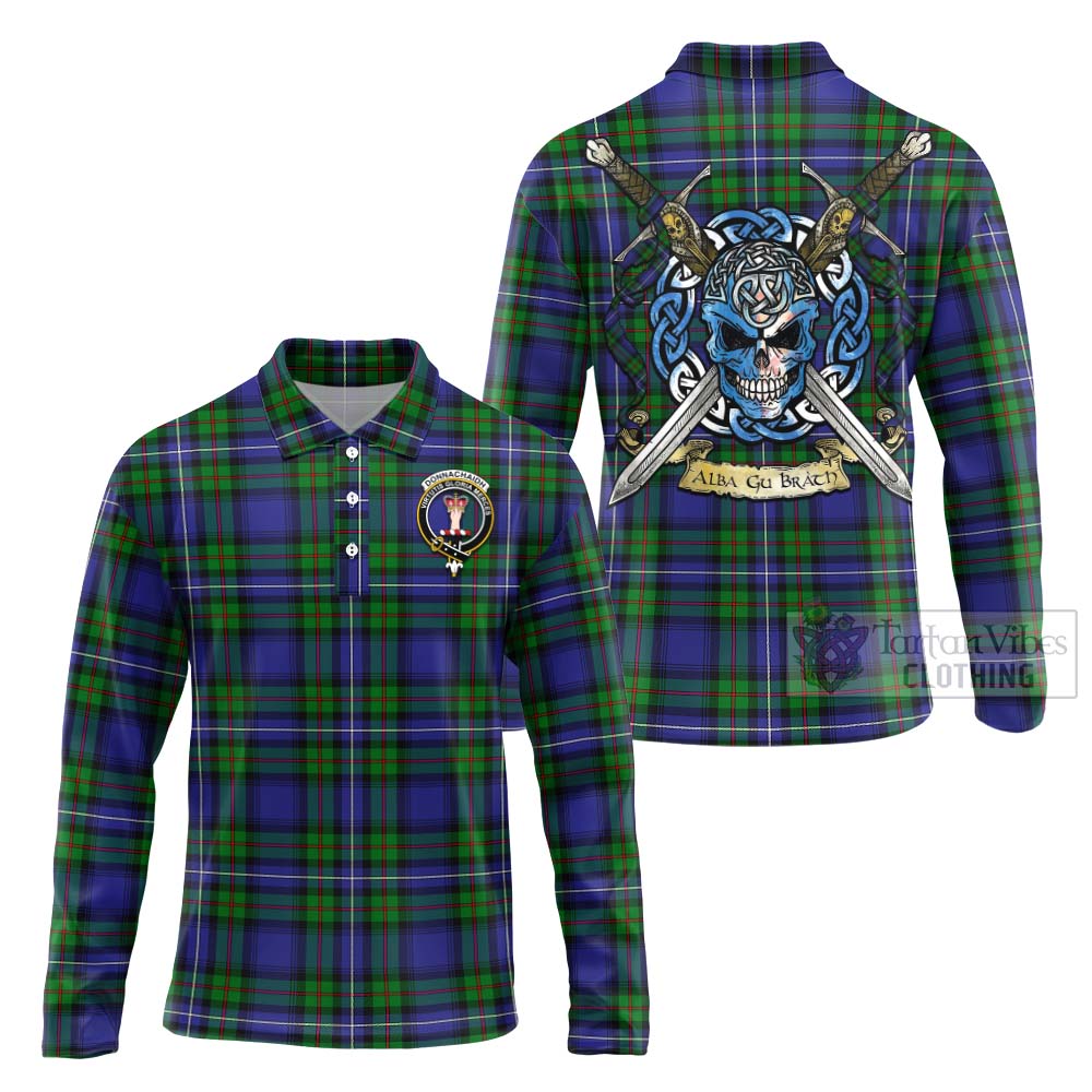Tartan Vibes Clothing Donnachaidh Tartan Long Sleeve Polo Shirt with Family Crest Celtic Skull Style