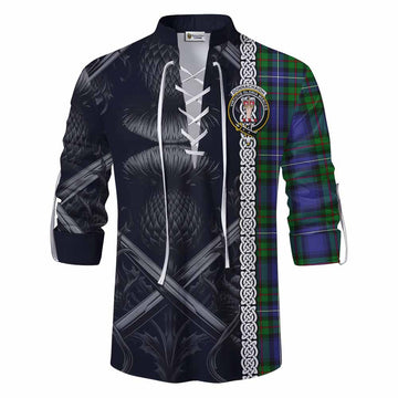 Tartan Vibes Clothing Donnachaidh Tartan Ghillie Kilt Shirt with Family Crest Cross Sword Thistle Celtic Vibes