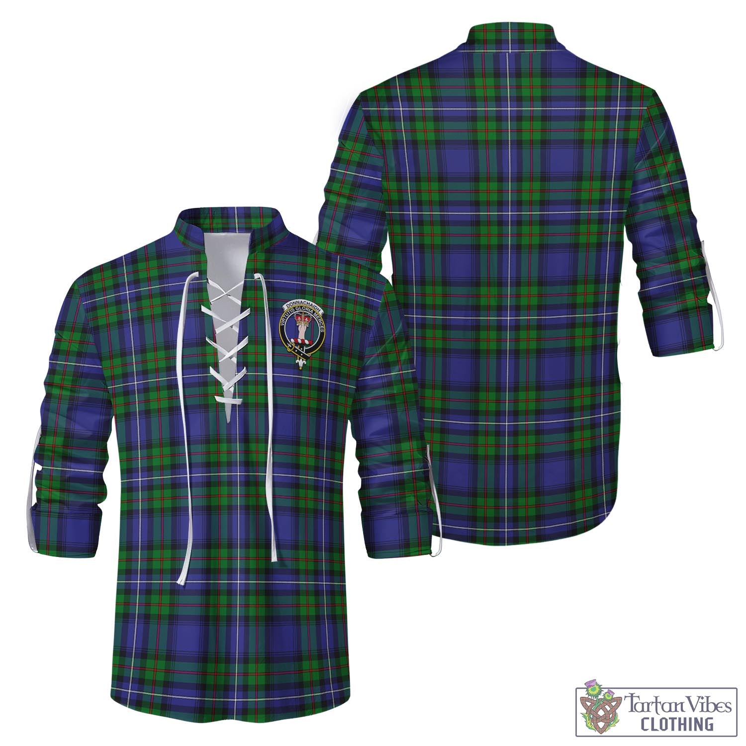 Tartan Vibes Clothing Donnachaidh Tartan Men's Scottish Traditional Jacobite Ghillie Kilt Shirt with Family Crest