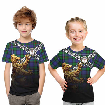 Donnachaidh Crest Tartan Kid T-Shirt with Golden Lion Emblem Celtic Style