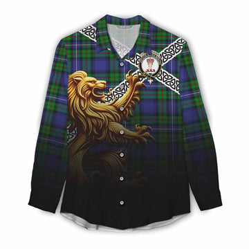 Donnachaidh Crest Tartan Women's Casual Shirt with Golden Lion Emblem Celtic Style