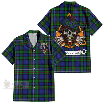 Donnachaidh Tartan Hawaiian Shirt with Family Crest and Bearded Skull Holding Bottles of Whiskey