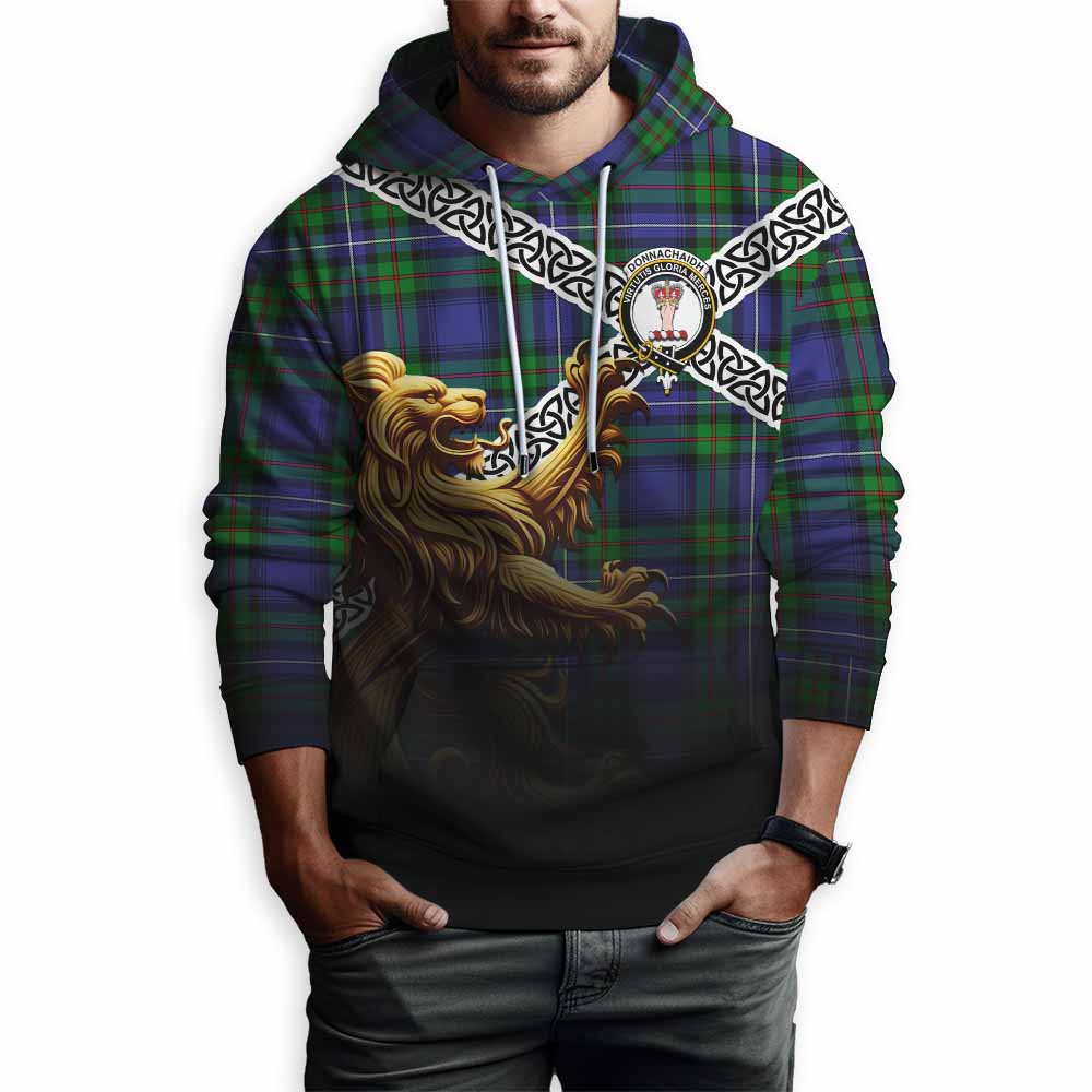 Tartan Vibes Clothing Donnachaidh Crest Tartan Hoodie with Golden Lion Emblem Celtic Style